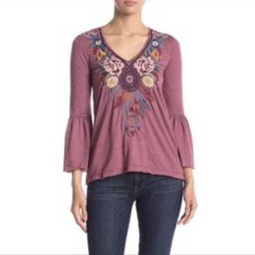 Johnny Was Floral Dariee Embroidered V-Neck Top - Purple